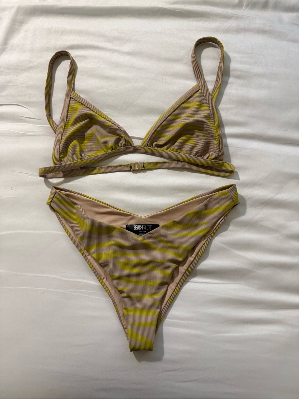 Beach Riot Neon Green & Tan Striped Triangle Bikini